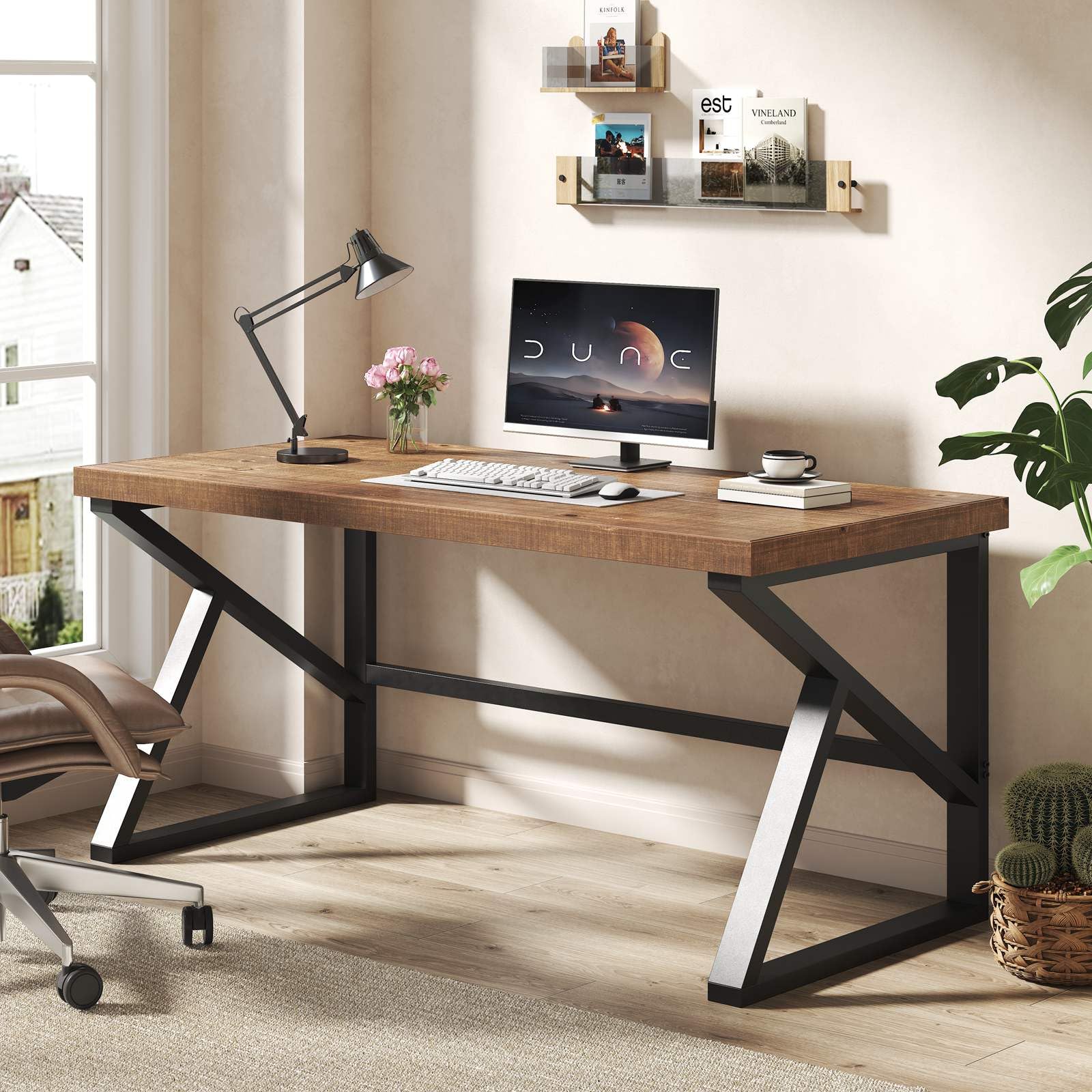 IBF Solid Real Wood Desk, Minimalist 60” Natural Wood Computer